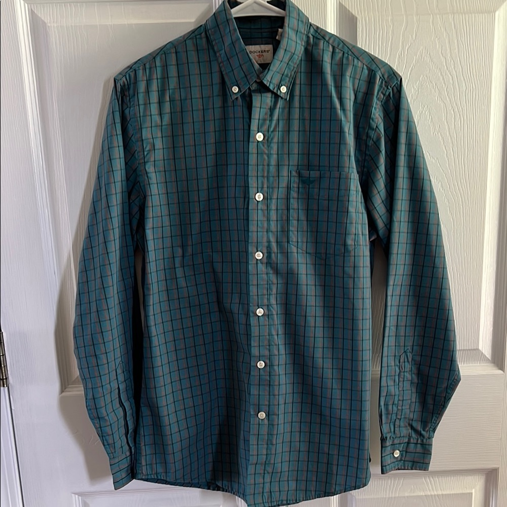 Dockers Unique Turquoise and Orange Plaid Button-Down Shirt with Pocket